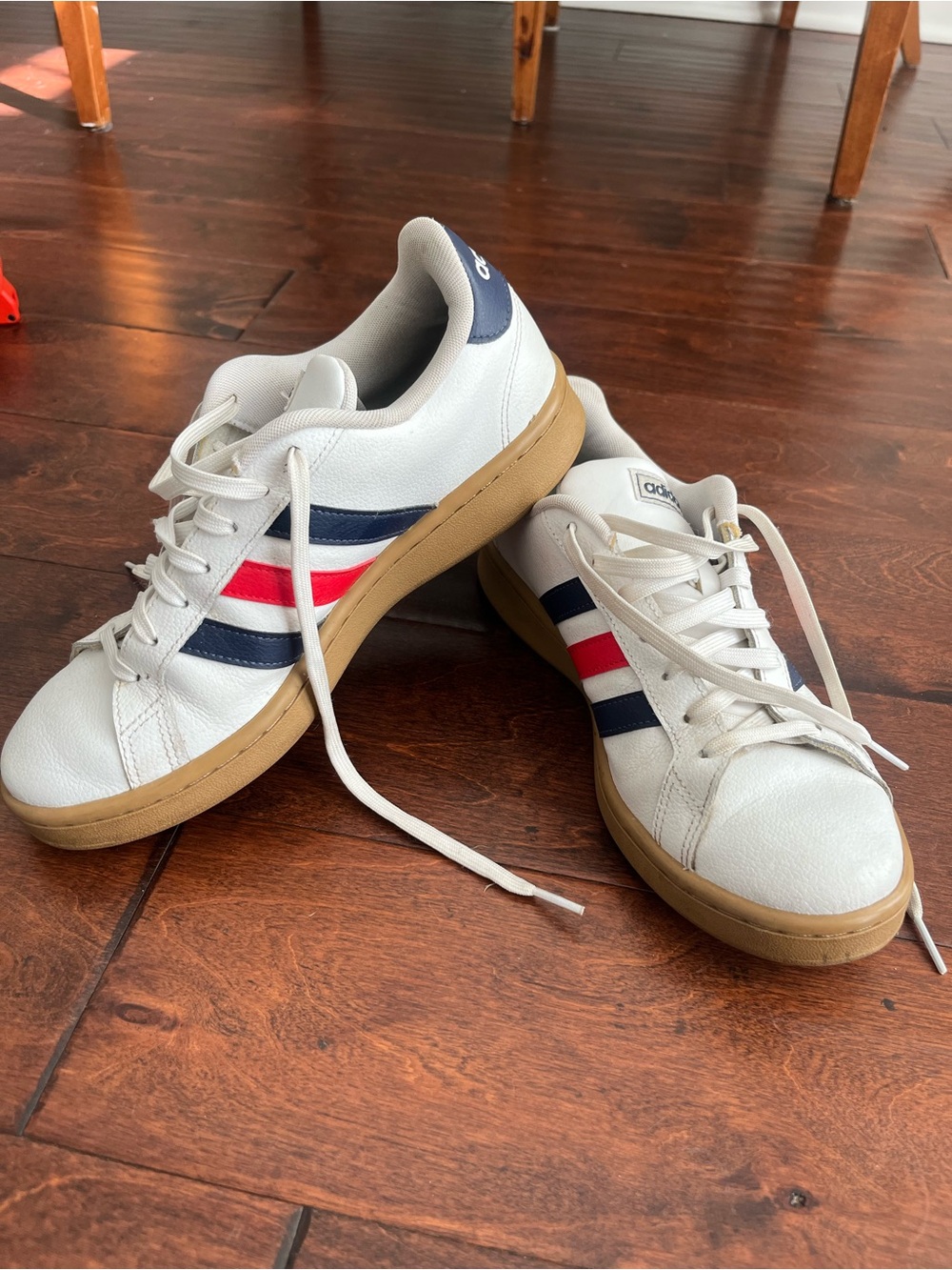 Adidas White Leather Sneakers with Navy & Red Stripes